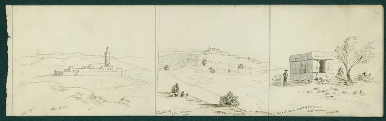 De gauche à droite : Nebi Musa, Château de Safet et Tombeau de Kalata, 1871
